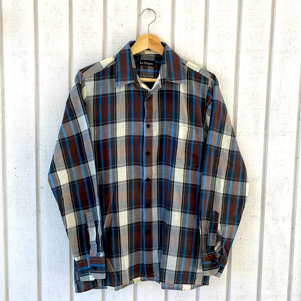 Vintage Men’s Medium Brown/White/Blue Long Sleeve Button Down Shirt